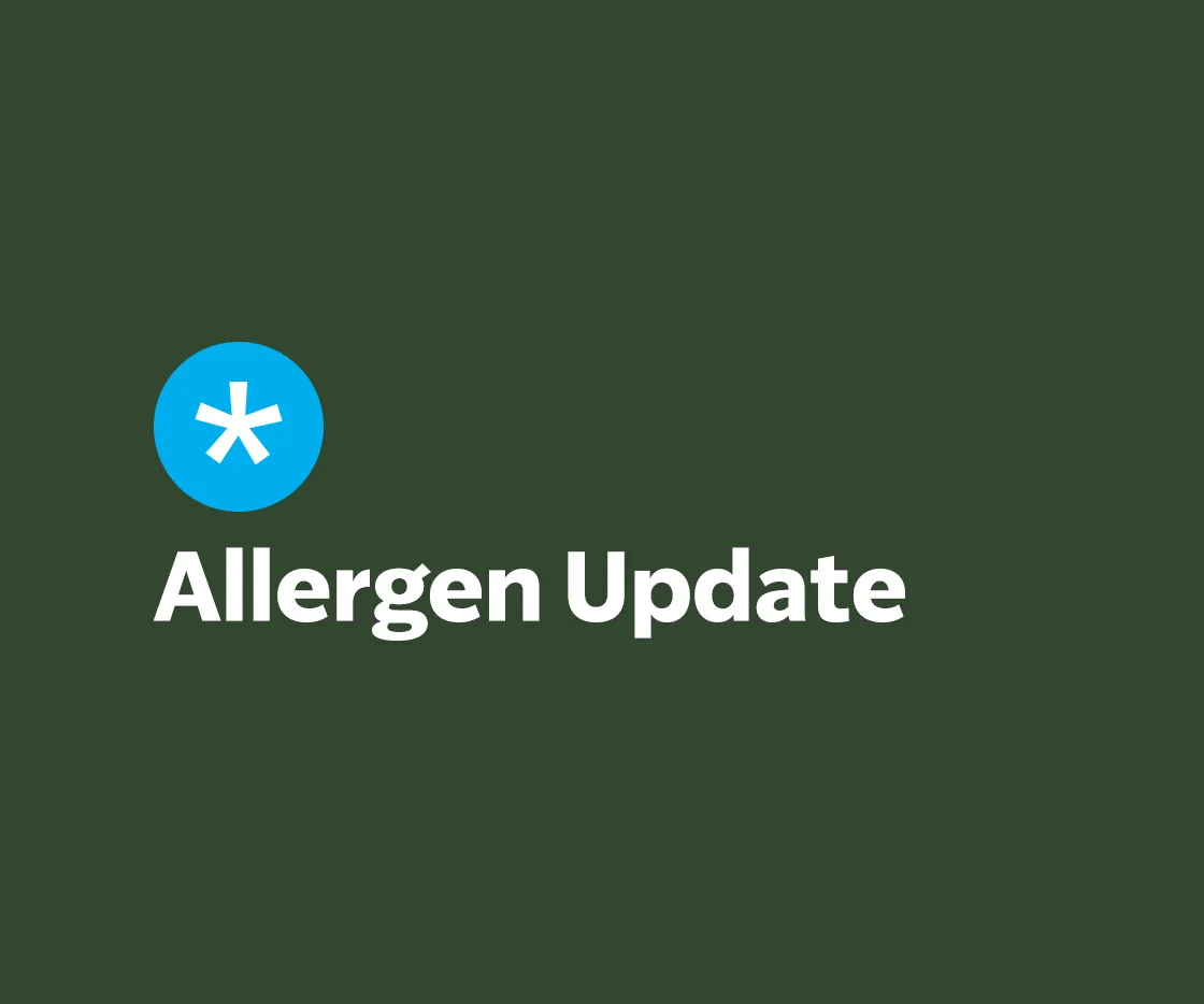 Allergen Update Text on green background and an asterix in a blue bubble